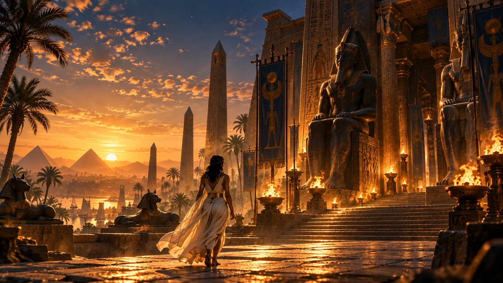 A traveller walks to a temple at sunset