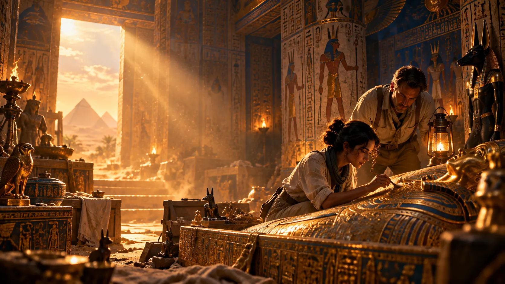 Archaeologists examine a gilded sarcophagus