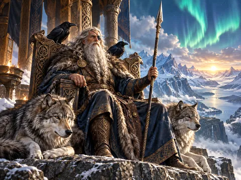 Odin on his throne with ravens and wolves
