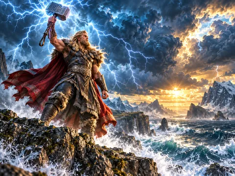 Thor with Mjölnir in a thunderstorm