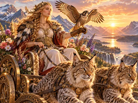 Freyja in her lynx-drawn chariot