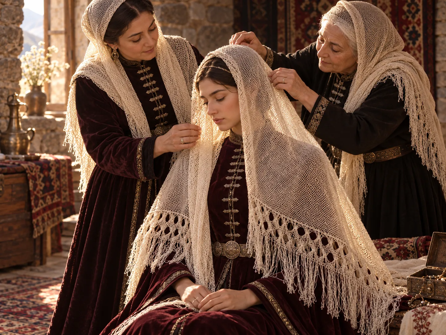 A bride's open-net headscarf being arranged