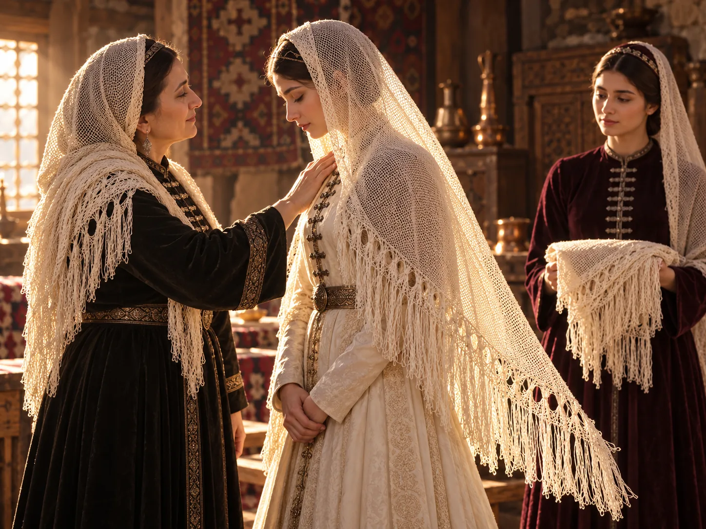 Women helping a bride with her headscarf
