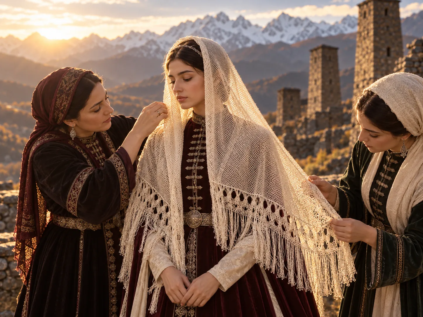 A bride in a headscarf before mountains and towers