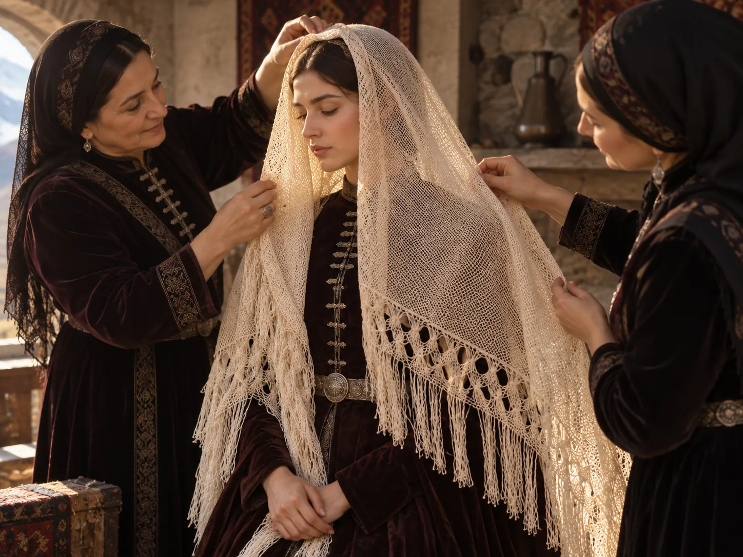 A bride in an open-net headscarf with two women beside her