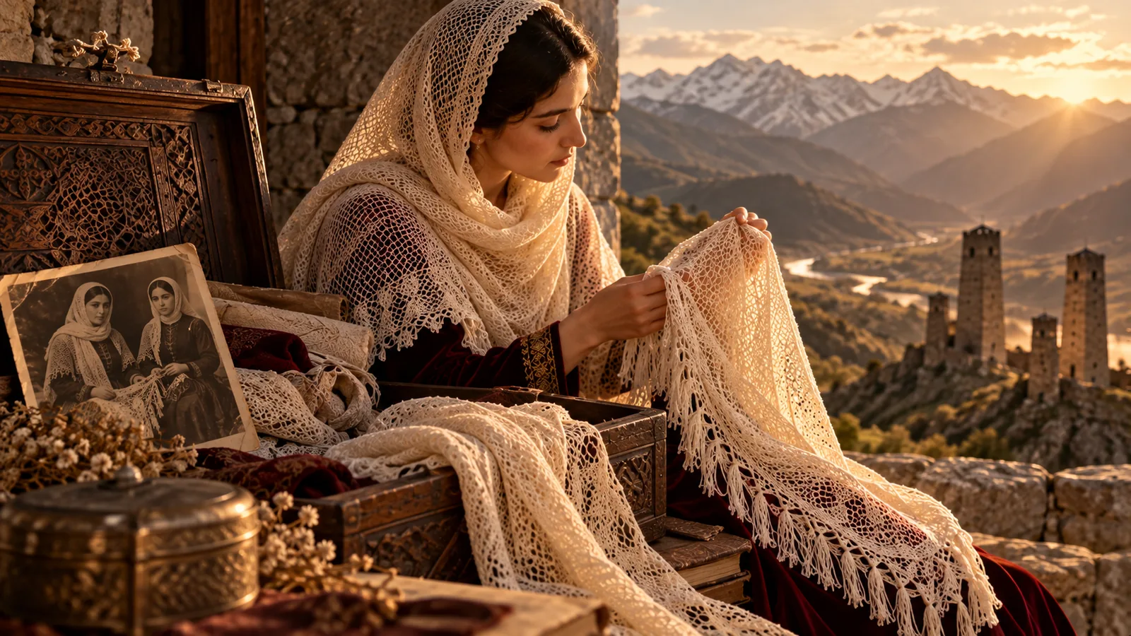 A woman by a chest of old headscarves and a family photograph