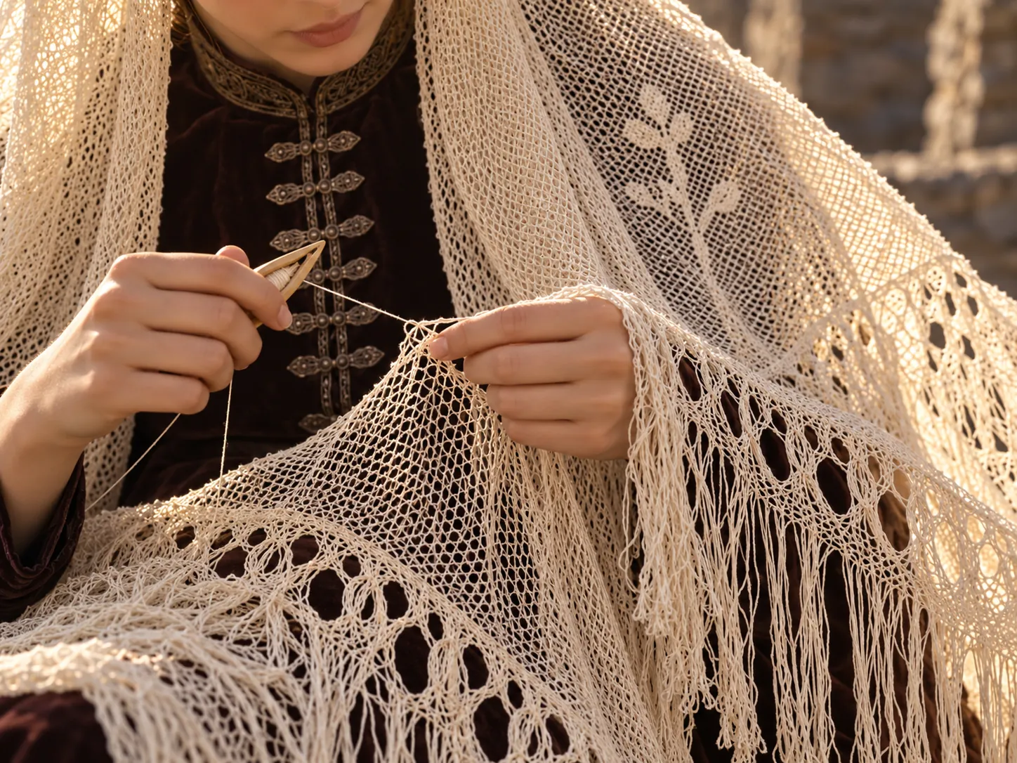 A craftswoman's hands making the net with a shuttle