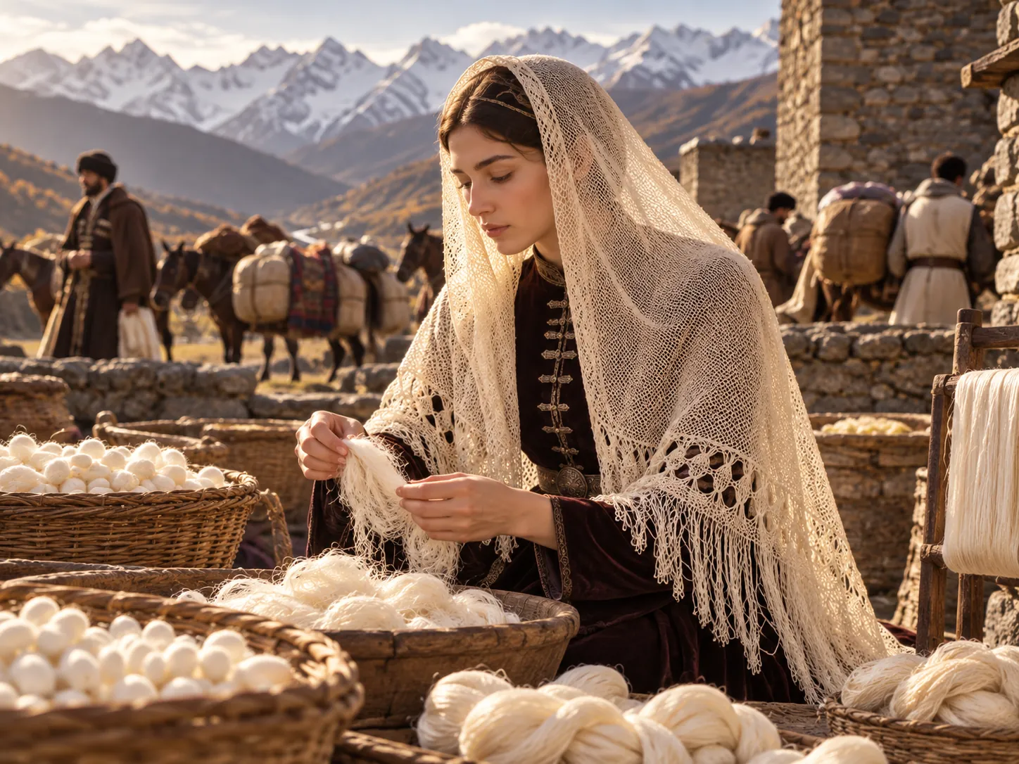 Silkworm cocoons and skeins of silk