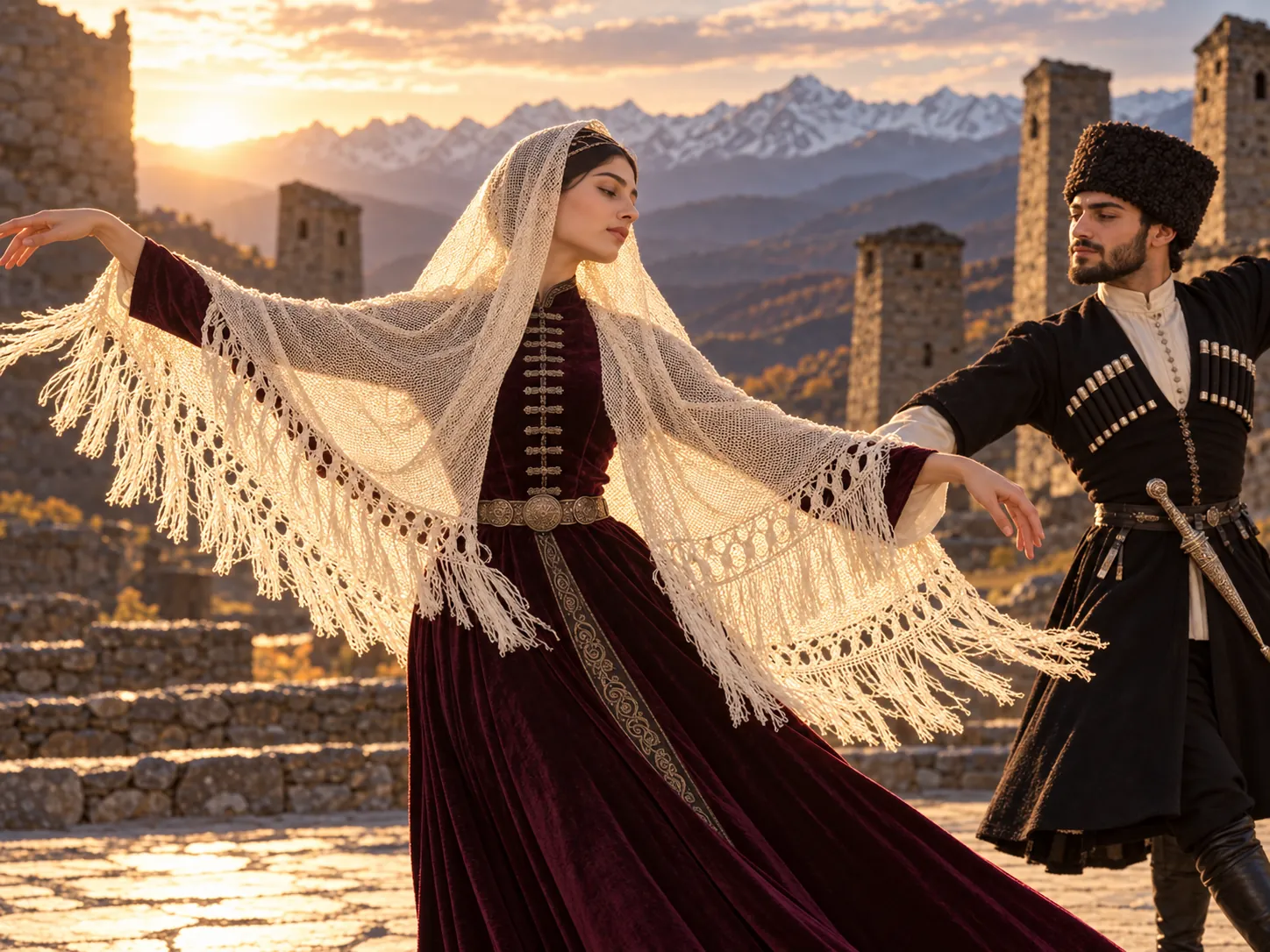 A dance in a headscarf by the old towers