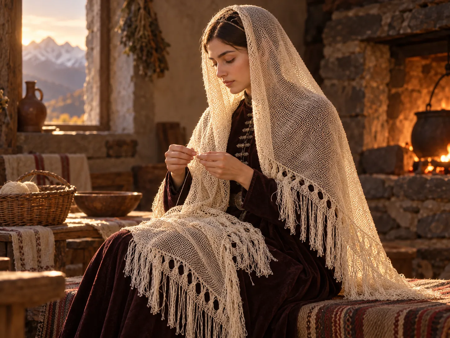 A woman with her needlework by the hearth