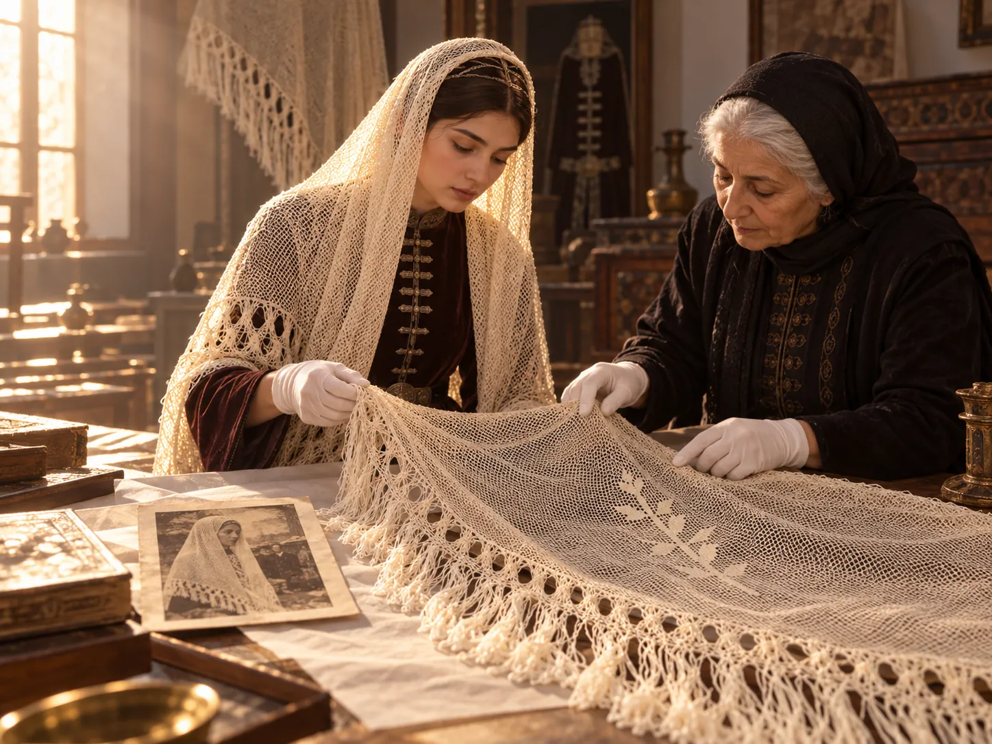 Two women carefully laying out an old headscarf