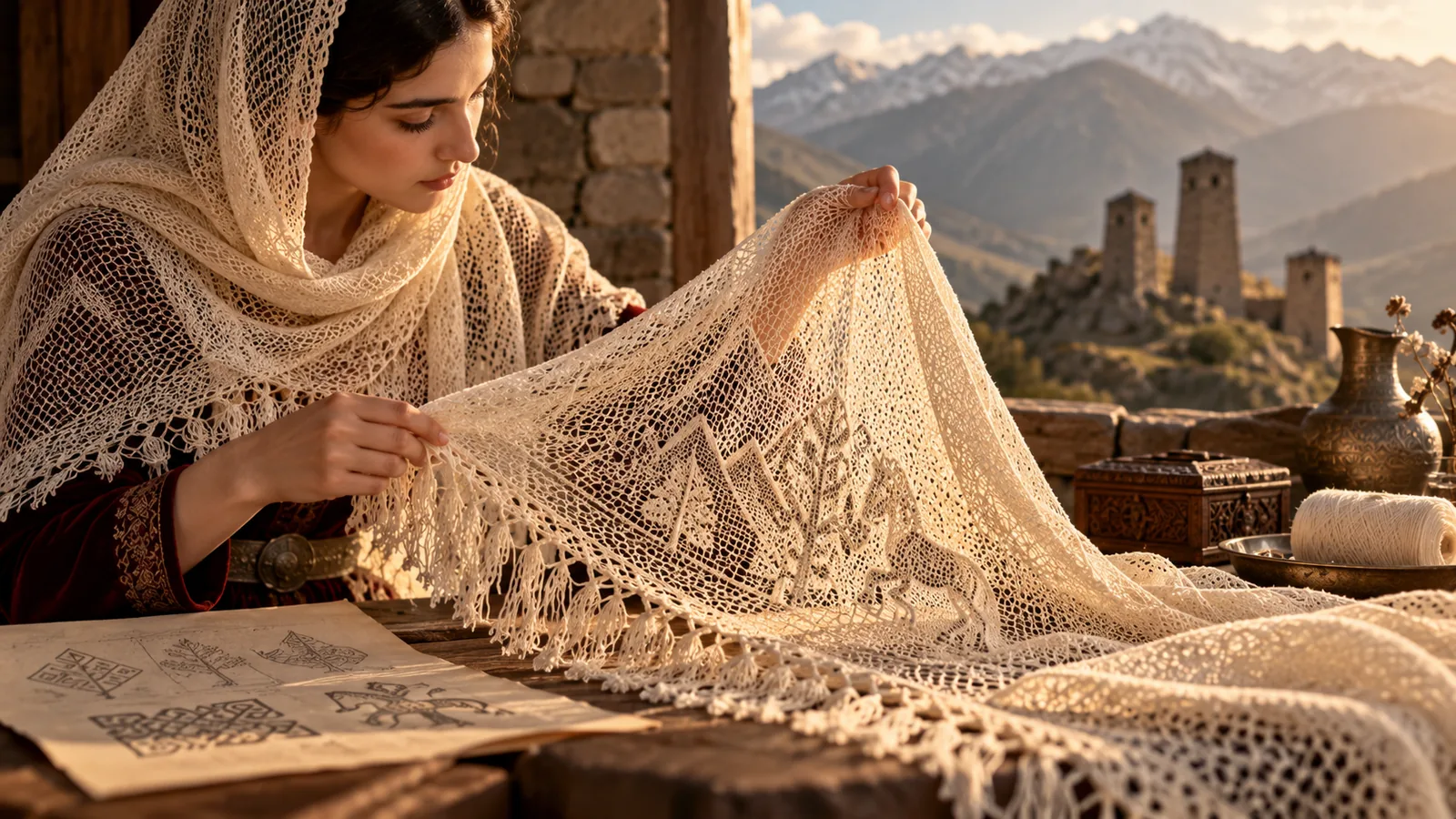 A craftswoman examining the pattern on a headscarf beside sketches of motifs