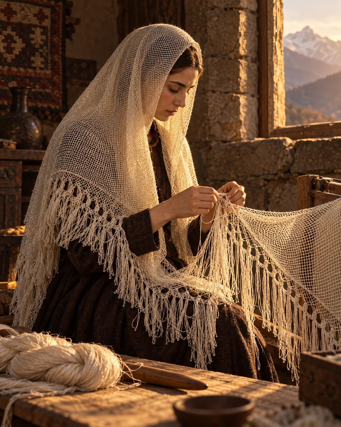 A woman netting an open-work headscarf by the window