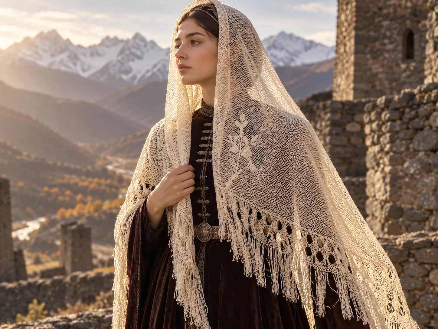 A silk headscarf with an embroidered branch in sunlight