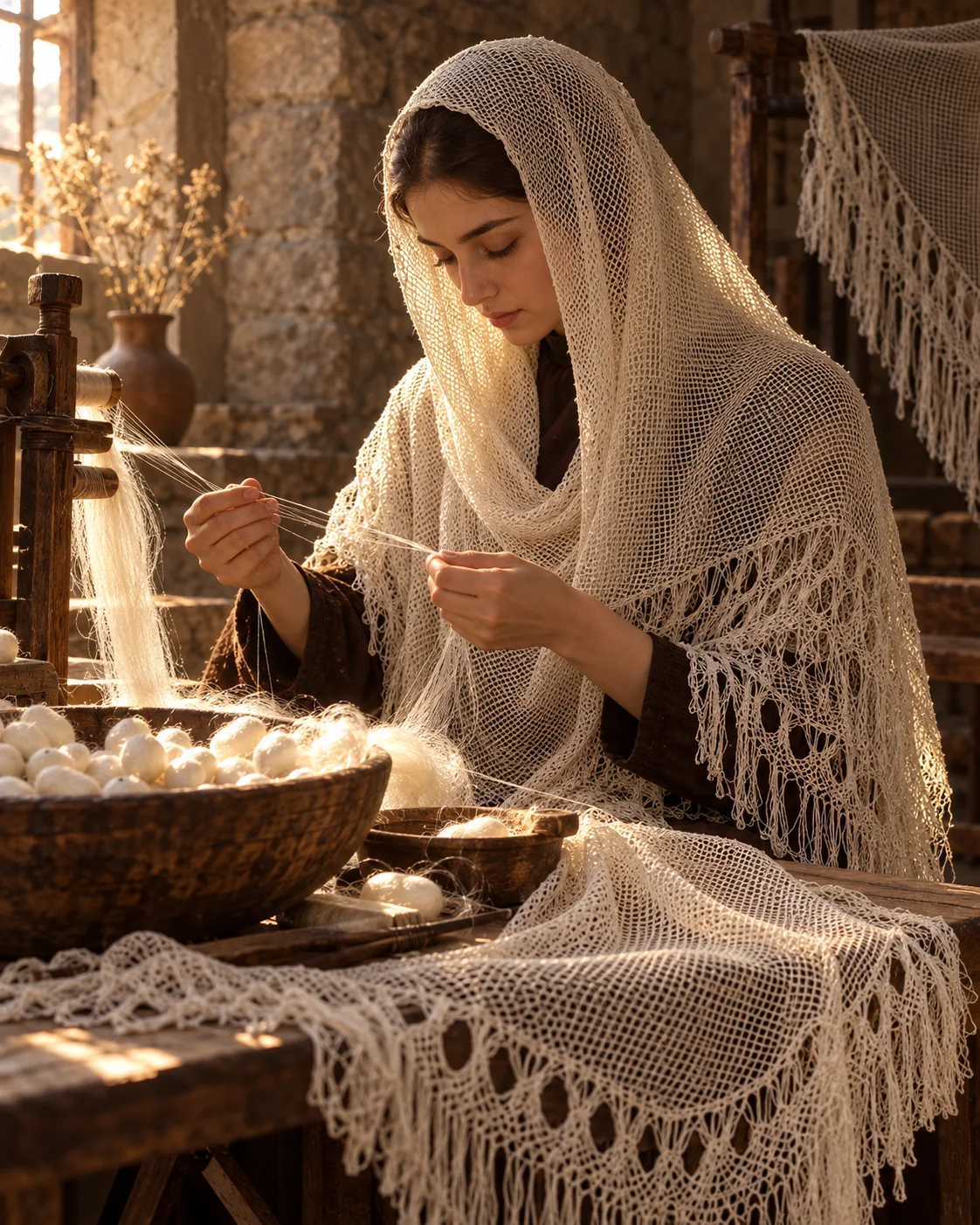 A woman reeling silk thread from cocoons