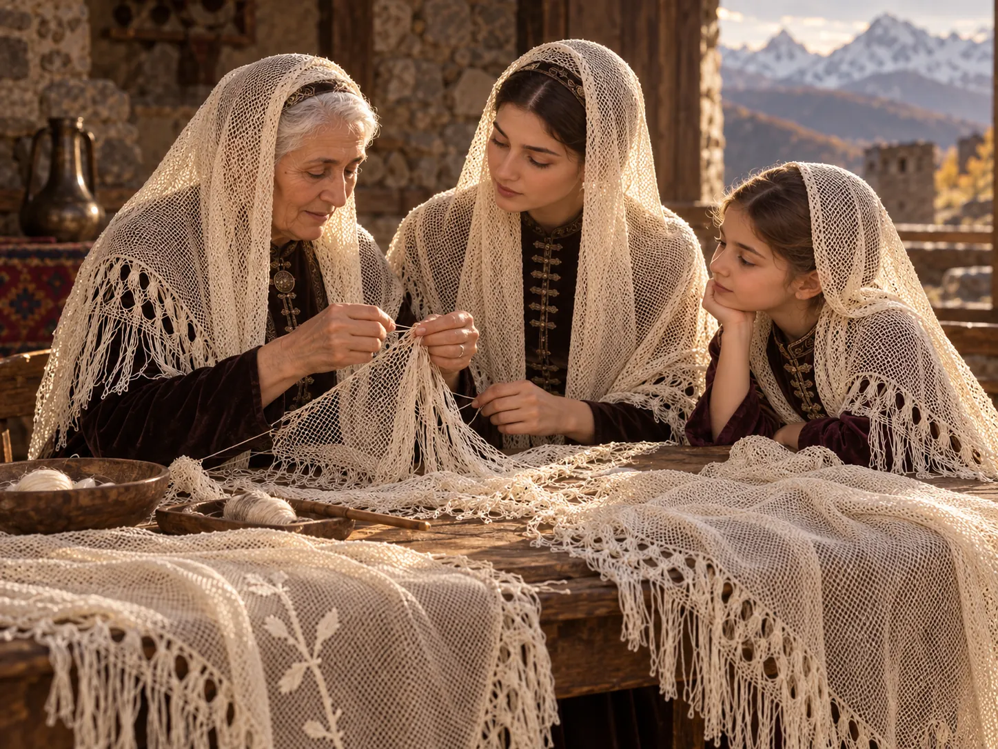 Three generations of women netting together