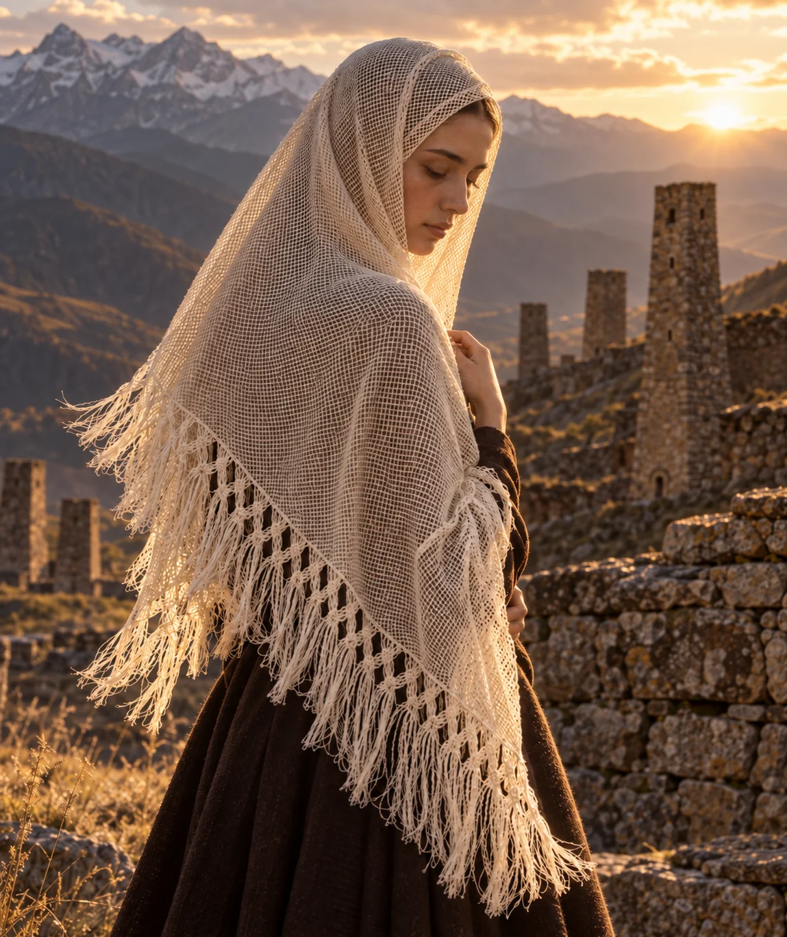 A woman in a headscarf by the old towers at sunset
