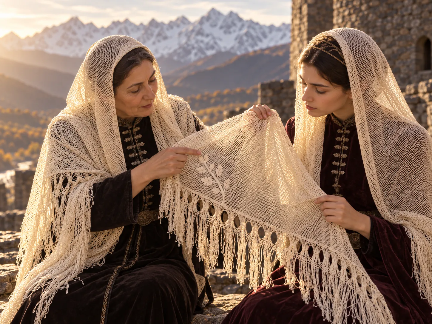 Two women examining the embroidered pattern on a headscarf