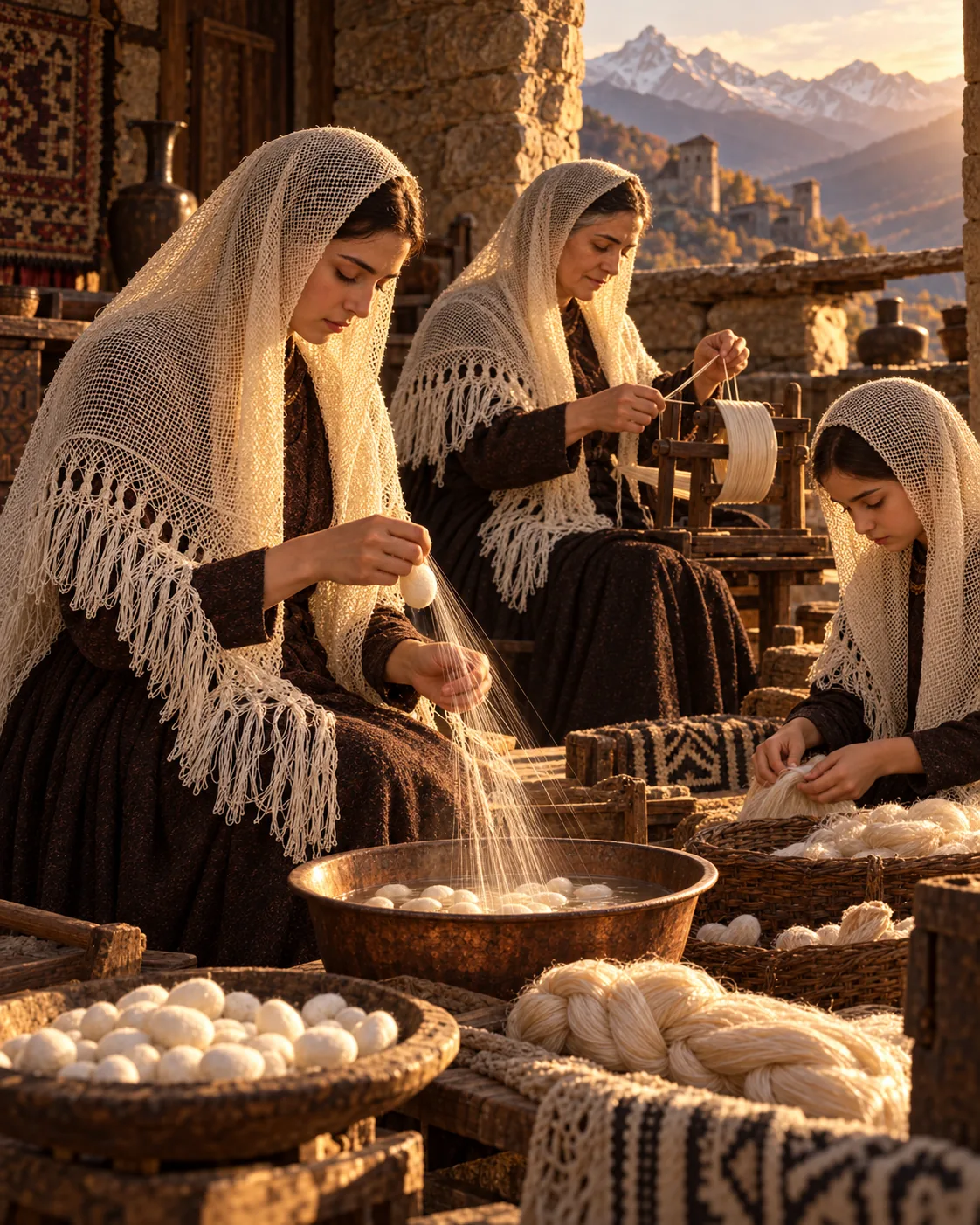 Three women reeling silk from cocoons in a mountain village